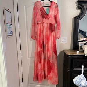 Tacera Red and Pink Long Sleeve Dress